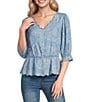 Democracy Floral Paisley V-Neck Elbow Sleeve Peplum Top - Image 1