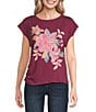 Democracy Floral Scoop Neck Cap Sleeve Asymmetrical Side Ruched Tee Top - Image 1