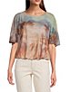 Democracy Knit Palm Tree Scoop Neck Short Flutter Sleeve Bubble Hem Top - Image 1