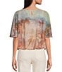 Democracy Knit Palm Tree Scoop Neck Short Flutter Sleeve Bubble Hem Top - Image 2
