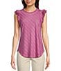 Color:Shocking Raspberry - Image 1 - Mineral Wash Knit Diagonal Stripe Detail Round Neck Double Ruffle Cap Sleeve Top
