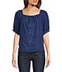 Color:Coastal Blue - Image 1 - Mixed Media Embroidered Square Neck Short Puff Sleeve Scalloped Hem Top