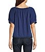 Color:Coastal Blue - Image 2 - Mixed Media Embroidered Square Neck Short Puff Sleeve Scalloped Hem Top