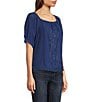 Color:Coastal Blue - Image 3 - Mixed Media Embroidered Square Neck Short Puff Sleeve Scalloped Hem Top