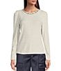 Color:Heather Off White - Image 1 - Mixed Media Knit Embellished Crew Neck Long Puff Sleeve Top