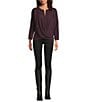Democracy Mixed-Media Knit Split V-Neck 3/4 Sleeve Twist Front Hem Top, Color:Heather Concord Grape - Image 3