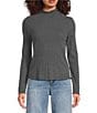Democracy Mixed-Media Mock Neck Long Sleeve Lettuce Edge Detail Popover Top, Color:Heather Charcoal - Image 1