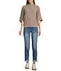 Democracy Mock Neck 3/4 Dolman Sleeve Banded Hem Knit Top, Color:Heather Brown - Image 3