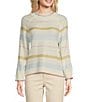 Color:Off White - Image 1 - Multicolor Stripe Acrylic High Round Neck Long Sleeve Sweater