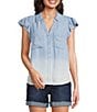 Democracy Ombre Collared V-Neck Flutter Cap Sleeve Button Front Shirt, Color:Light Blue/White - Image 1