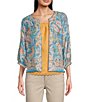 Color:Chambray Blue/Autumn Sunset Multi - Image 1 - Paisley Print 3/4 Sleeve Reversible Open-Front Jacket