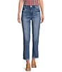 Color:Mid Blue - Image 1 - Petite Size #double;Ab#double;solution® High Rise Embroidered Straight Slim Leg Fray Hem Jeans