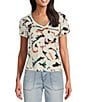 Color:Heather Jute/Orchid Multi - Image 1 - Petite Size Abstract Print V-Neck Short Cuffed Sleeve Tee Shirt