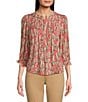 Color:Papaya Punch - Image 1 - Petite Size Animal Print Woven Crinkle 3/4 Puff Sleeve Half Button Down Top