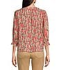 Color:Papaya Punch - Image 2 - Petite Size Animal Print Woven Crinkle 3/4 Puff Sleeve Half Button Down Top