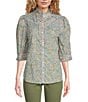 Color:Airy Blue/Rose Gold Multi - Image 1 - Petite Size Cotton Metallic Floral Ruffled Trim 3/4 Button-Front Shirt
