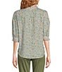 Color:Airy Blue/Rose Gold Multi - Image 2 - Petite Size Cotton Metallic Floral Ruffled Trim 3/4 Button-Front Shirt