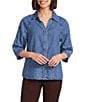 Democracy Petite Size Denim Johnny Collar 3/4 Sleeve Scalloped Trim Snap Front Shirt - Image 1