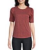 Color:Fired Brick - Image 1 - Petite Size Dotted Jewel Neck Elbow Puffed Short Sleeve Knit Top