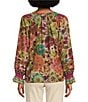 Color:Raw Sienna Multi - Image 2 - Petite Size Floral Border Print Split Neck Flounce Cuff Long Blouson Sleeve Top