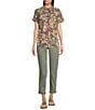 Democracy Petite Size Floral Pleated Split V-Neck Short Sleeve Button Front Top, Color:Pesto/Purple Multi - Image 3