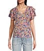 Color:Orchid Bloom Multi - Image 1 - Petite Size Jersey Knit Abstract Print V-Neck Cap Sleeve Top