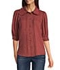 Democracy Petite Size Lyocell Ruffle Edge Collar Elbow Sleeve Button Front Top, Color:Mahogany/Red - Image 1