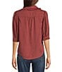 Democracy Petite Size Lyocell Ruffle Edge Collar Elbow Sleeve Button Front Top, Color:Mahogany/Red - Image 2