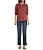 Democracy Petite Size Lyocell Ruffle Edge Collar Elbow Sleeve Button Front Top, Color:Mahogany/Red - Image 3