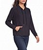 Democracy Petite Size Mixed Media Mock Neck Tie Front Long Sleeve Bubble Hem Top - Image 1