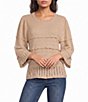 Democracy Petite Size Mixed Stitch Scalloped Round Neck 3/4 Bell Sleeve Scalloped Tier Sweater - Image 1