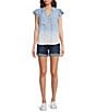 Democracy Petite Size Ombre Collared V-Neck Flutter Cap Sleeve Button Front Shirt, Color:Light Blue/White - Image 3