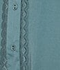 Color:Ocean Teal - Image 4 - Petite Size Ruffle Collar Ruched Yoke Lace Trim Button-Front Placket Blouse