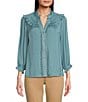 Color:Ocean Teal - Image 1 - Petite Size Ruffle Collar Ruched Yoke Lace Trim Button-Front Placket Blouse