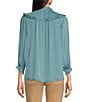 Color:Ocean Teal - Image 2 - Petite Size Ruffle Collar Ruched Yoke Lace Trim Button-Front Placket Blouse