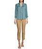 Color:Ocean Teal - Image 3 - Petite Size Ruffle Collar Ruched Yoke Lace Trim Button-Front Placket Blouse
