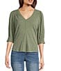 Democracy Petite Size Solid Relaxed Knit V-Neck Elbow Sleeve Top, Color:Heather Oregano - Image 1