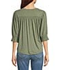 Democracy Petite Size Solid Relaxed Knit V-Neck Elbow Sleeve Top, Color:Heather Oregano - Image 2