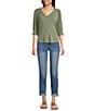 Democracy Petite Size Solid Relaxed Knit V-Neck Elbow Sleeve Top, Color:Heather Oregano - Image 3