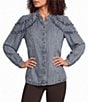 Democracy Petite Size Stand Collar Long Sleeve Ruffle Shoulder Button Front Shirt - Image 1