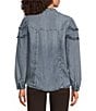 Democracy Petite Size Stand Collar Long Sleeve Ruffle Shoulder Button Front Shirt - Image 2
