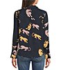 Democracy Petite Size Woven Animal Print Point Collar Long Sleeve Button-Front Shirt, Color:Navy Multi - Image 2