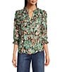 Democracy Petite Size Woven Floral Print V-Neck 3/4 Ruffle Edge Sleeve Top, Color:Black/Frosty Mint Multi - Image 1