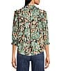 Democracy Petite Size Woven Floral Print V-Neck 3/4 Ruffle Edge Sleeve Top, Color:Black/Frosty Mint Multi - Image 2