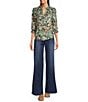 Democracy Petite Size Woven Floral Print V-Neck 3/4 Ruffle Edge Sleeve Top, Color:Black/Frosty Mint Multi - Image 3