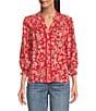 Democracy Petite Size Woven Floral Split V-Neck 3/4 Blouson Sleeve Lace Inset Ruffle Trim Button-Front Top, Color:Poppy Red Multi - Image 1