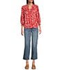 Democracy Petite Size Woven Floral Split V-Neck 3/4 Blouson Sleeve Lace Inset Ruffle Trim Button-Front Top, Color:Poppy Red Multi - Image 3