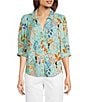 Democracy Petite Size Woven Tropical Print Split V-Neck Elbow Sleeve Button Front Top, Color:Light Turquoise Multi - Image 1