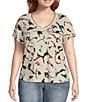 Color:Heather Jute/Orchid Multi - Image 1 - Plus Size Abstract Print V-Neck Chest Patch Pocket Short Cuffed Sleeve Tee Shirt