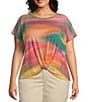 Democracy Plus Size Abstract Tie Dye Print Crew Neck Short Sleeve Twist Front Hem Knit Top, Color:Emerald Teal Multi - Image 1